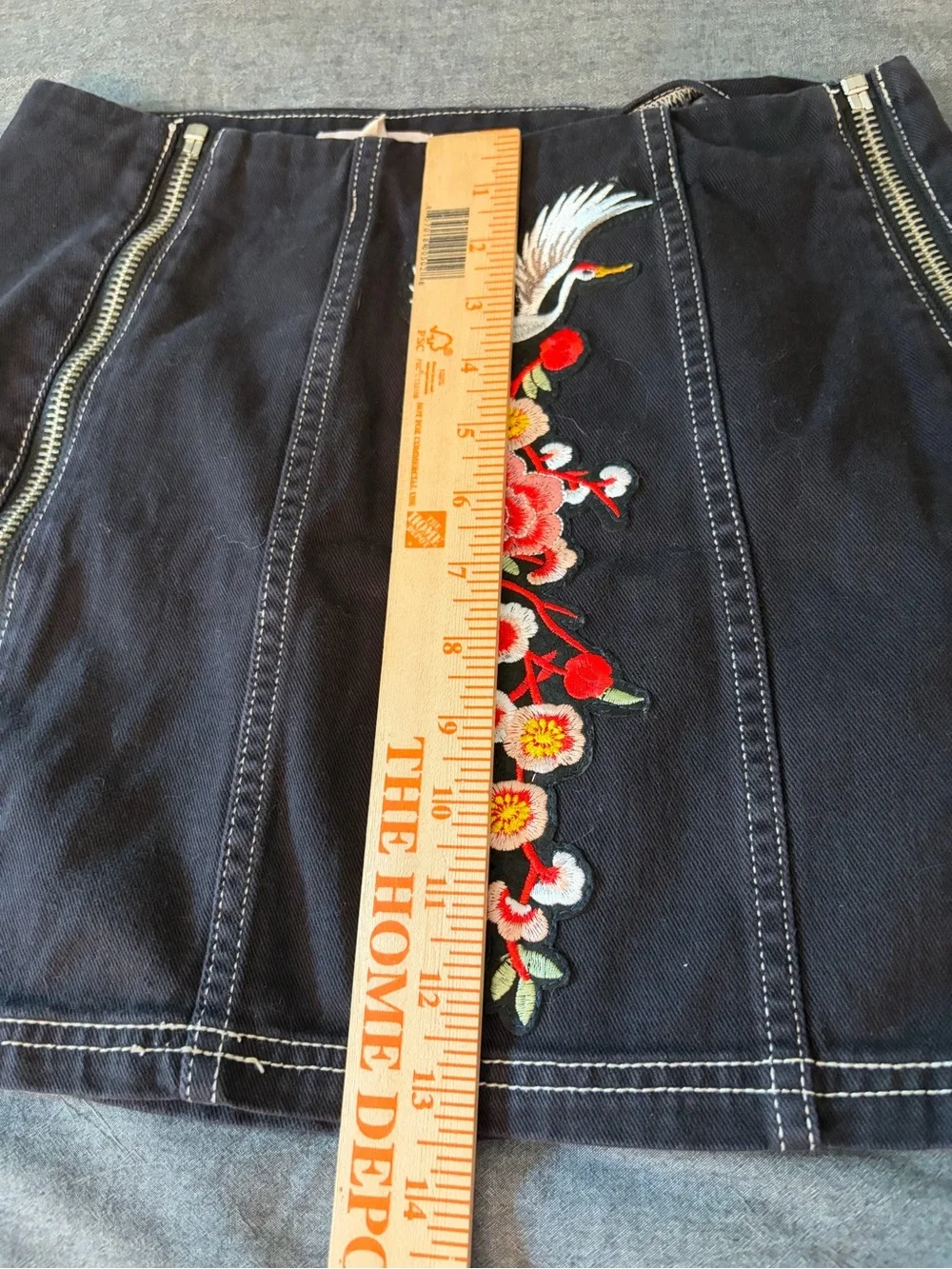 Silence & Noise Black Embroidered Crane Floral Mini Skirt Double Zipper Size Sm